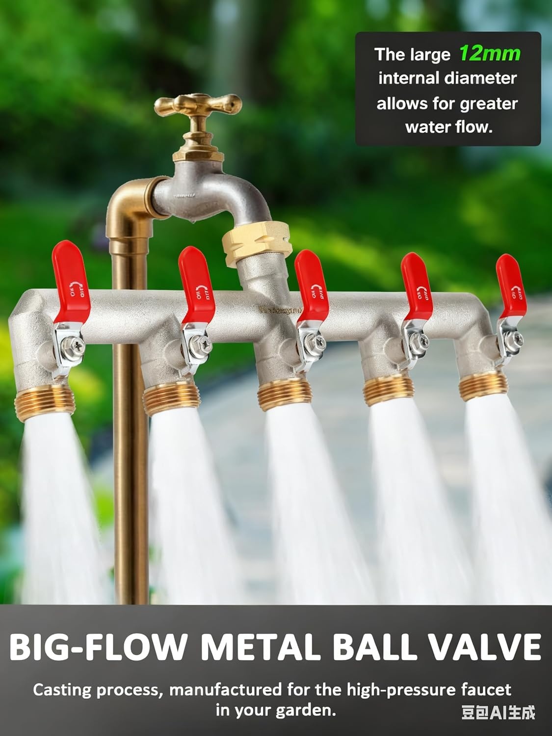 Waterverdeler 4-voudig, 4-weg verdeler water, vernikkeld messing kraanverdeler, tuinverdeler 4-weg met rode handgrepen, 3/4 inch robuustheid zeskantverbindingsadapter 1/2 inch