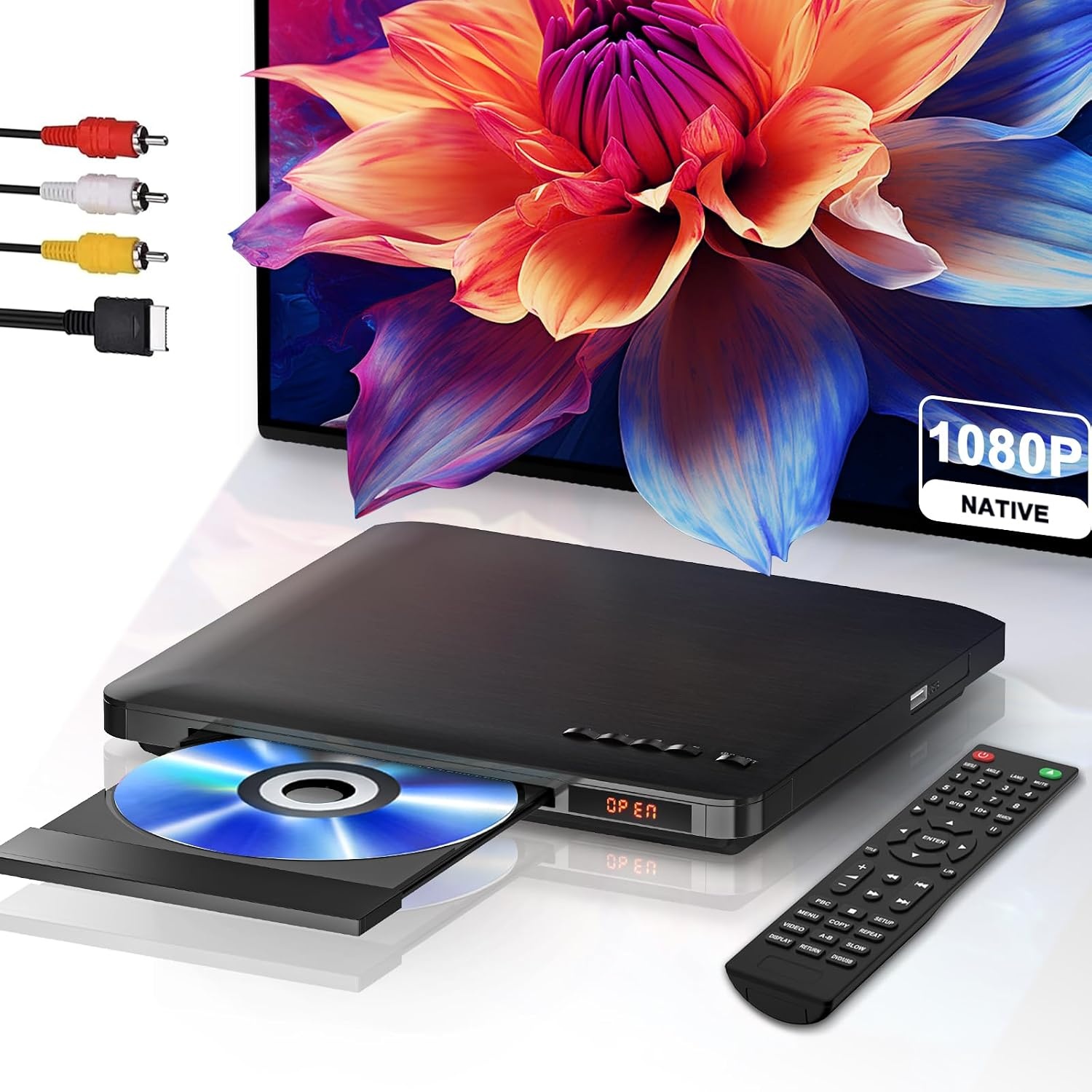 Maite Dvd-speler, ultradun, voor tv, regiovrij, HDMI RCA-aansluiting, HD 1080P, USB-ingang, foutcorrectie, inclusief HDMI RCA-kabel en afstandsbediening