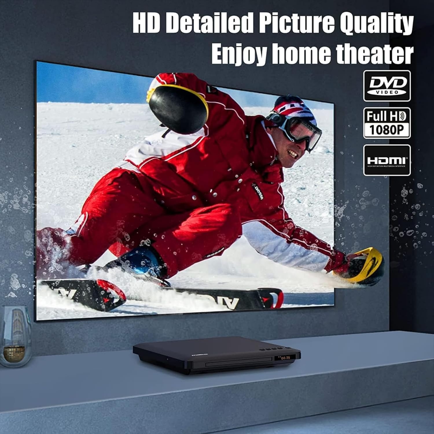 Maite Dvd-speler, ultradun, voor tv, regiovrij, HDMI RCA-aansluiting, HD 1080P, USB-ingang, foutcorrectie, inclusief HDMI RCA-kabel en afstandsbediening