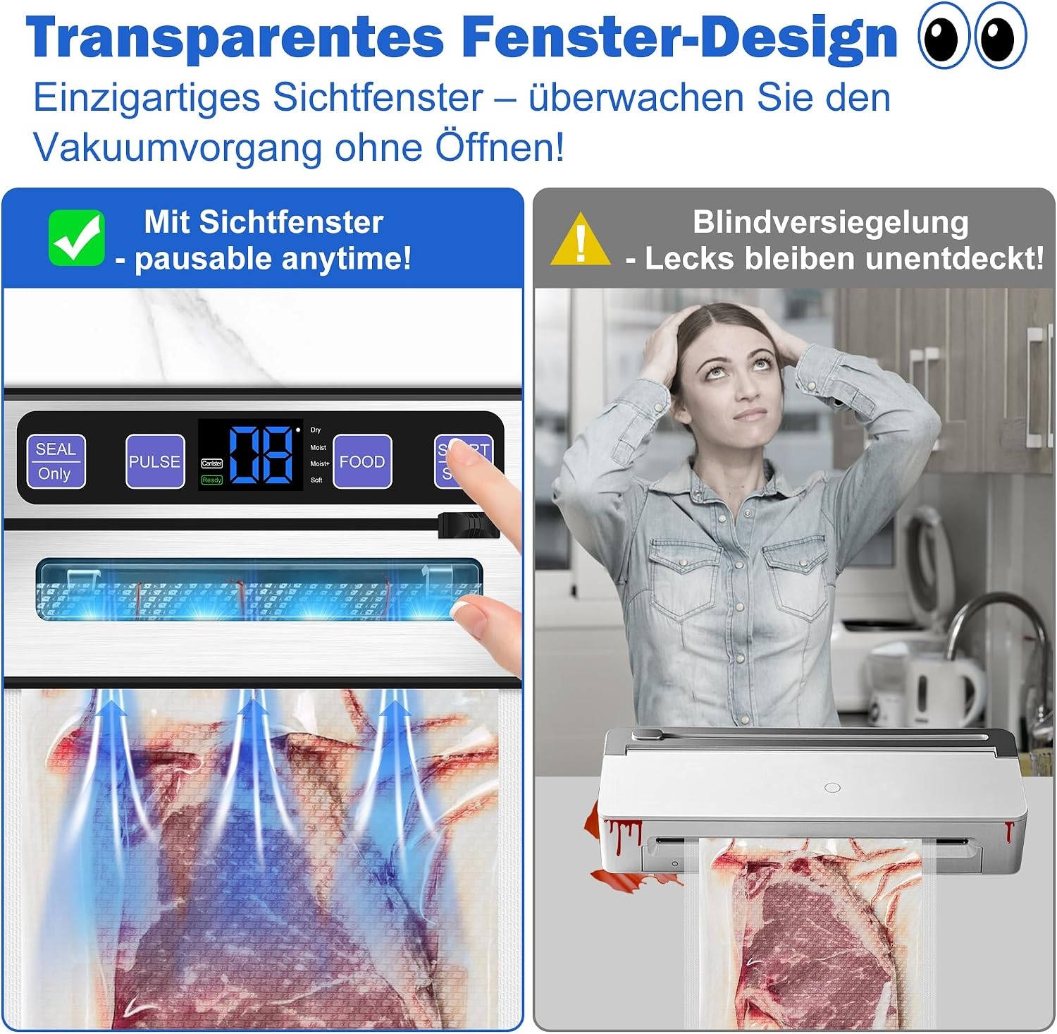 Vacuümmachine, 7-in-1 vacuümmachine voor levensmiddelen, met dubbele lasnaad, folielasapparaat met 50 vacuümzakken, professioneel met cutter en digitaal aftellen