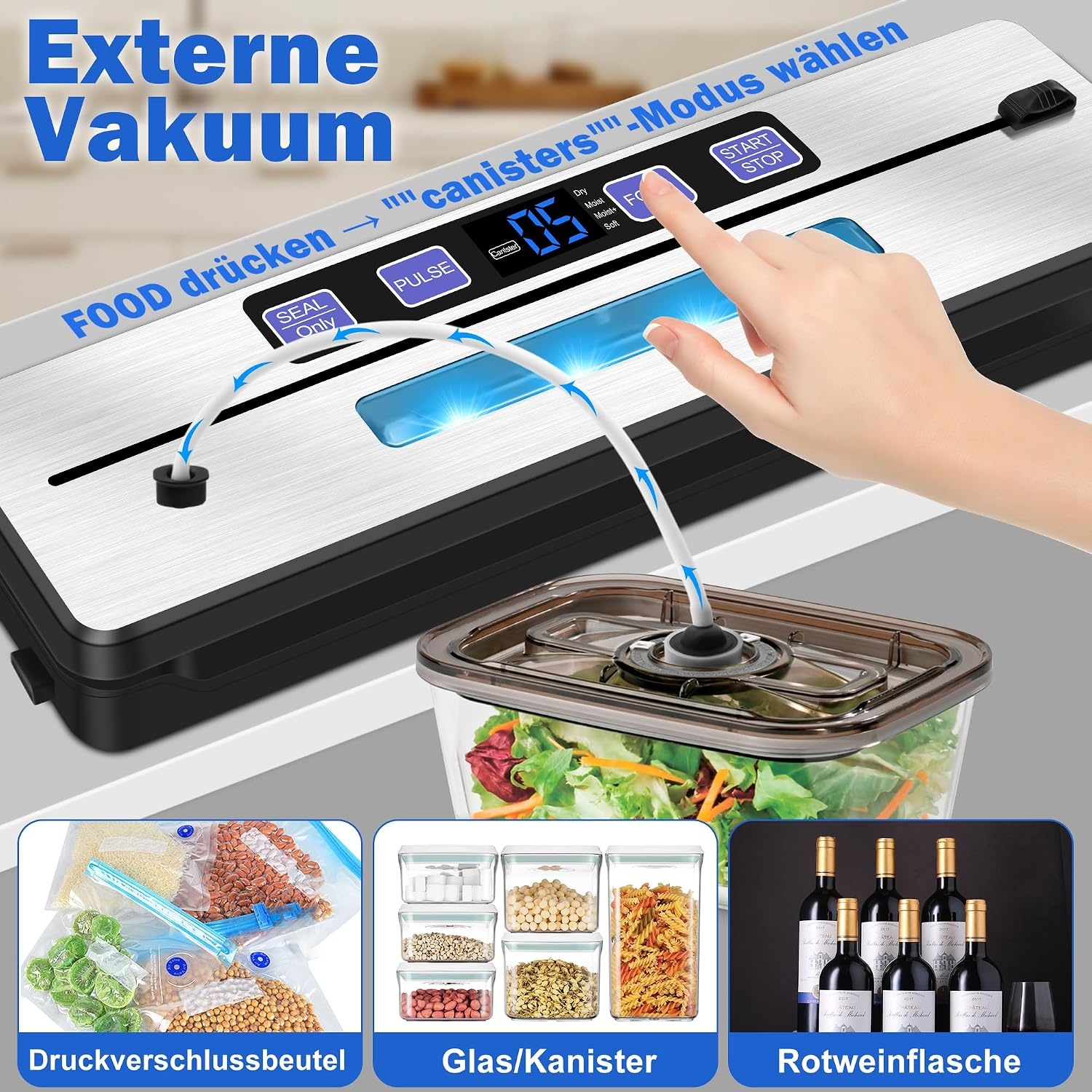 Vacuümmachine, 7-in-1 vacuümmachine voor levensmiddelen, met dubbele lasnaad, folielasapparaat met 50 vacuümzakken, professioneel met cutter en digitaal aftellen
