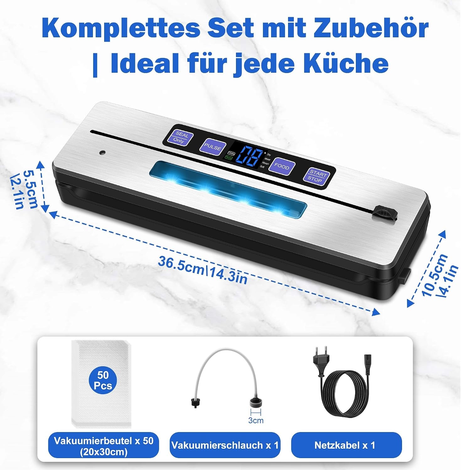 Vacuümmachine, 7-in-1 vacuümmachine voor levensmiddelen, met dubbele lasnaad, folielasapparaat met 50 vacuümzakken, professioneel met cutter en digitaal aftellen
