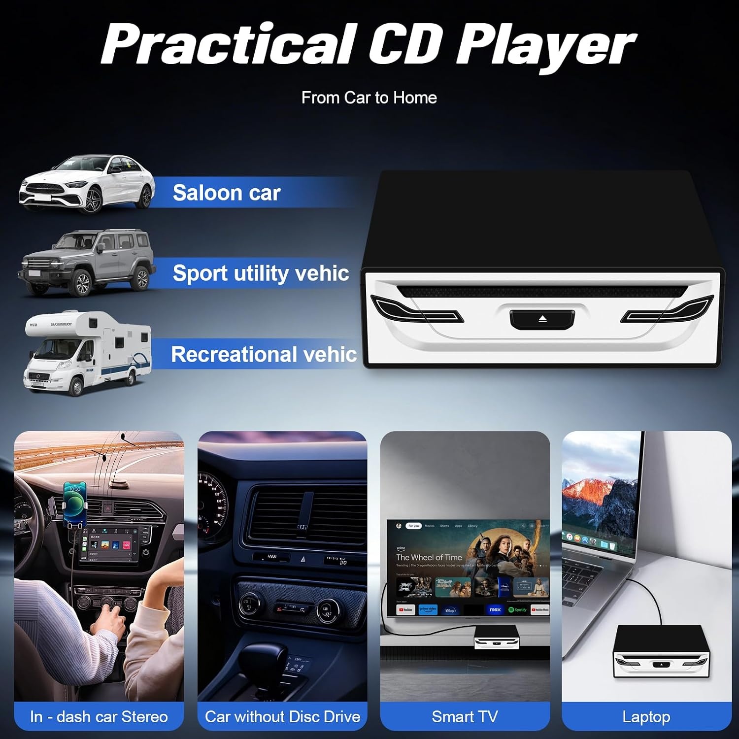 NHOPEEW Externe USB-cd/dvd-speler voor auto, laptop en smart-tv
