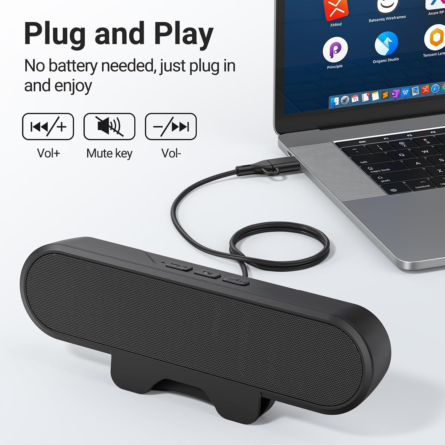 INGA USB-luidspreker voor computermonitor, laptop, soundbar voor desktopmonitor, USB-C naar USB-luidspreker voor pc, laptop en Mac (zwart)