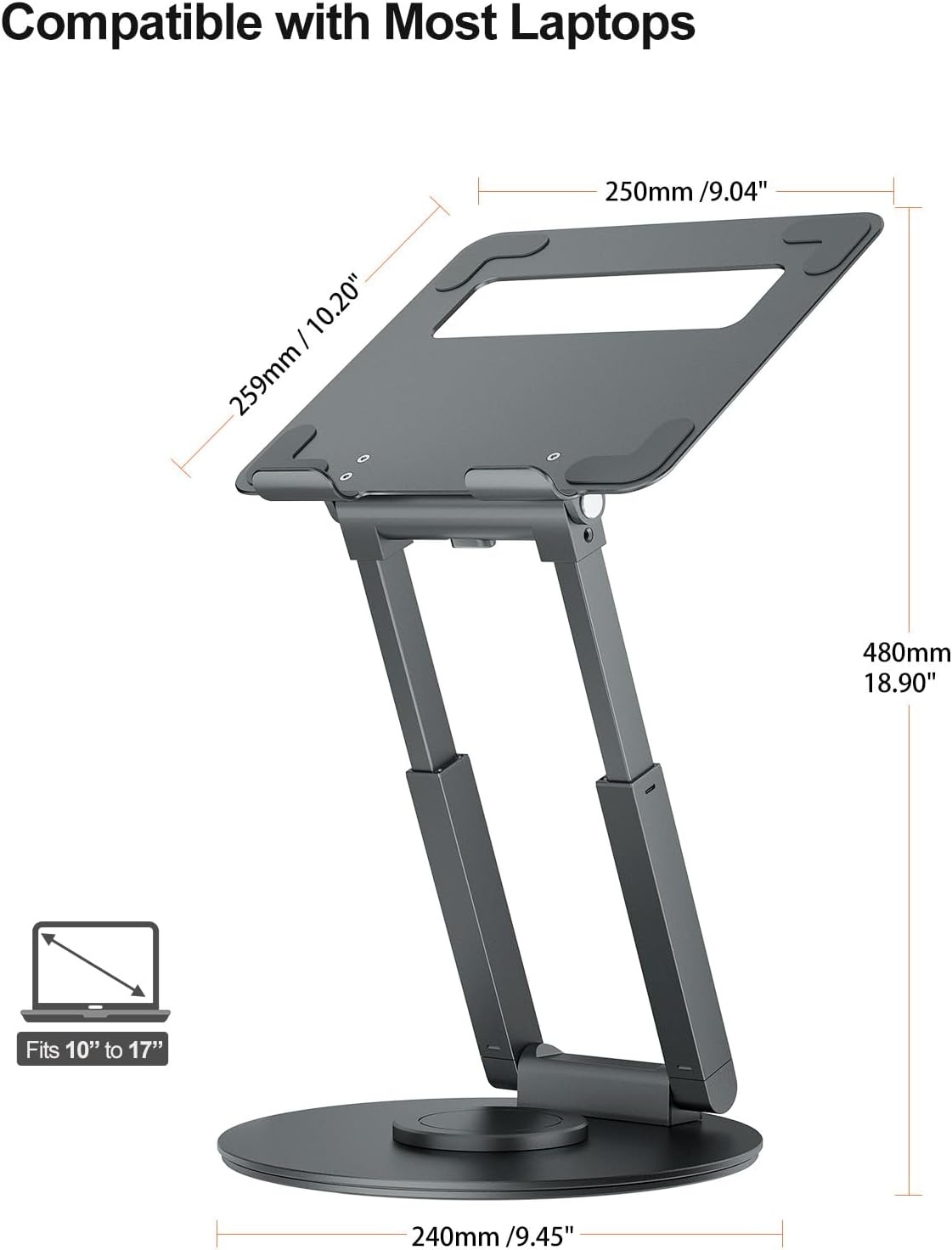 Staande laptopstandaard met 360 ° draaibare basis, hoge hoogte verstelbare computerstandaard, zitten om te staan riser, bevorder een gezonde houding, verminderen nekpijn