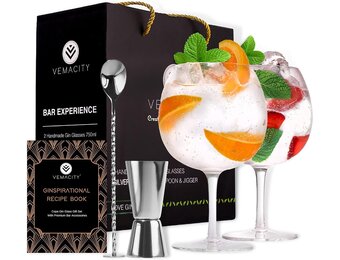 Gin Tonic-Glazenset voor Gin Lovers - Set van 2 Handgemaakte G&T-Glazen. Gratis E-Book Recepten (ENGELS) | Zilver Cocktaillepel, Dubbelzijdige Maatbeker en Hoge Cocktailglazen