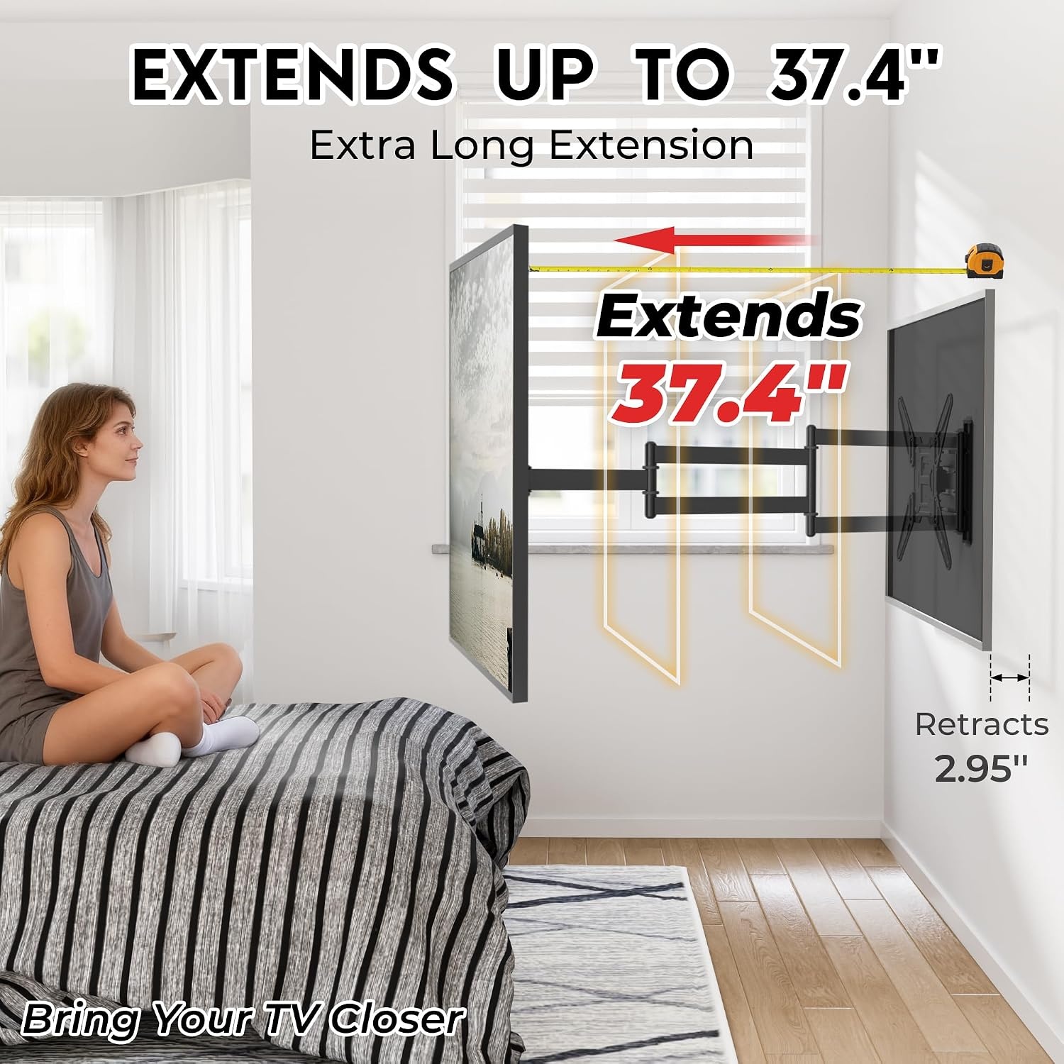 BONTEC TV-wandhouder, 66 - 65 cm, tv-wandhouder voor led, oled, lcd en oled, plat en curve, tv-arm uittrekbaar 95 cm, ruimtebesparend ontwerp, kantelbaar en draaibaar, VESA 400 x 400, belasting 35 kg