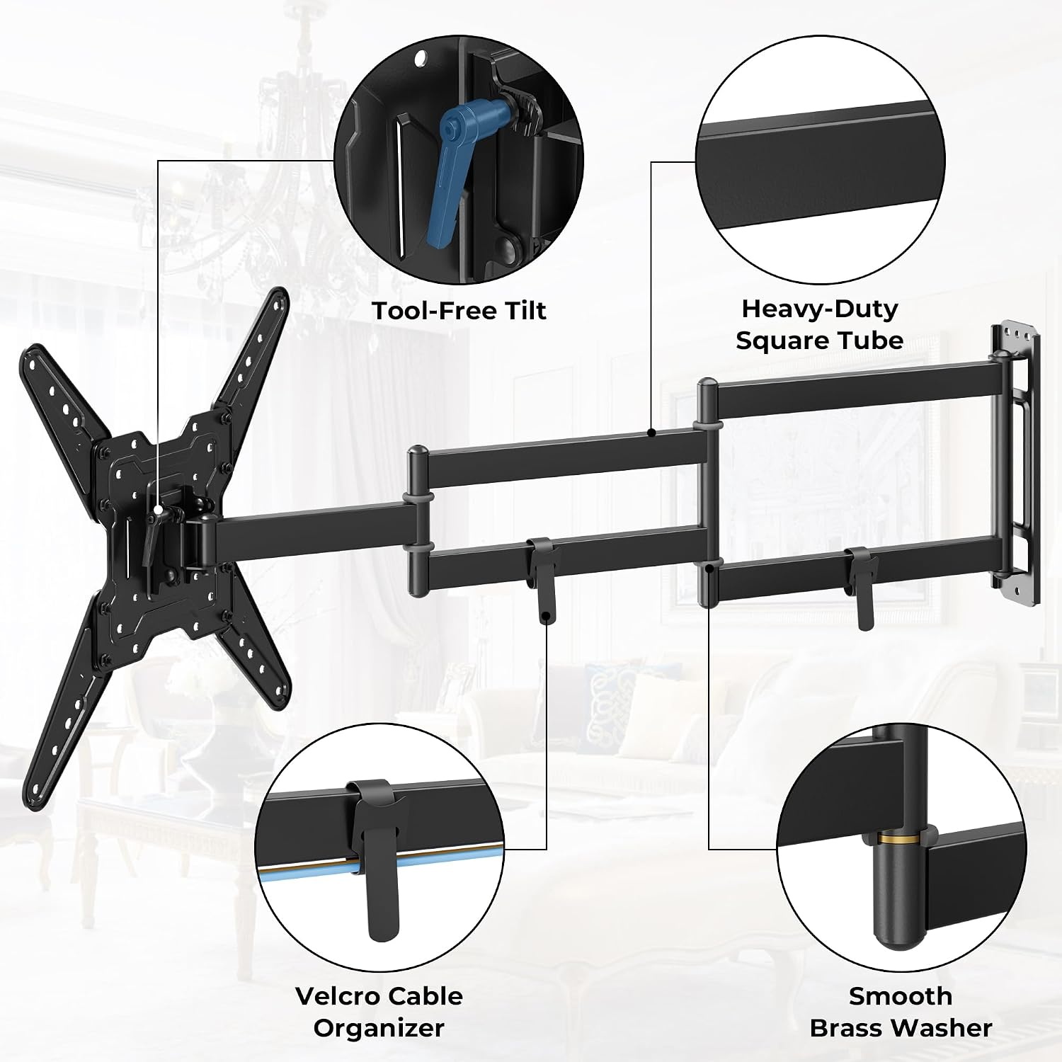 BONTEC TV-wandhouder, 66 - 65 cm, tv-wandhouder voor led, oled, lcd en oled, plat en curve, tv-arm uittrekbaar 95 cm, ruimtebesparend ontwerp, kantelbaar en draaibaar, VESA 400 x 400, belasting 35 kg