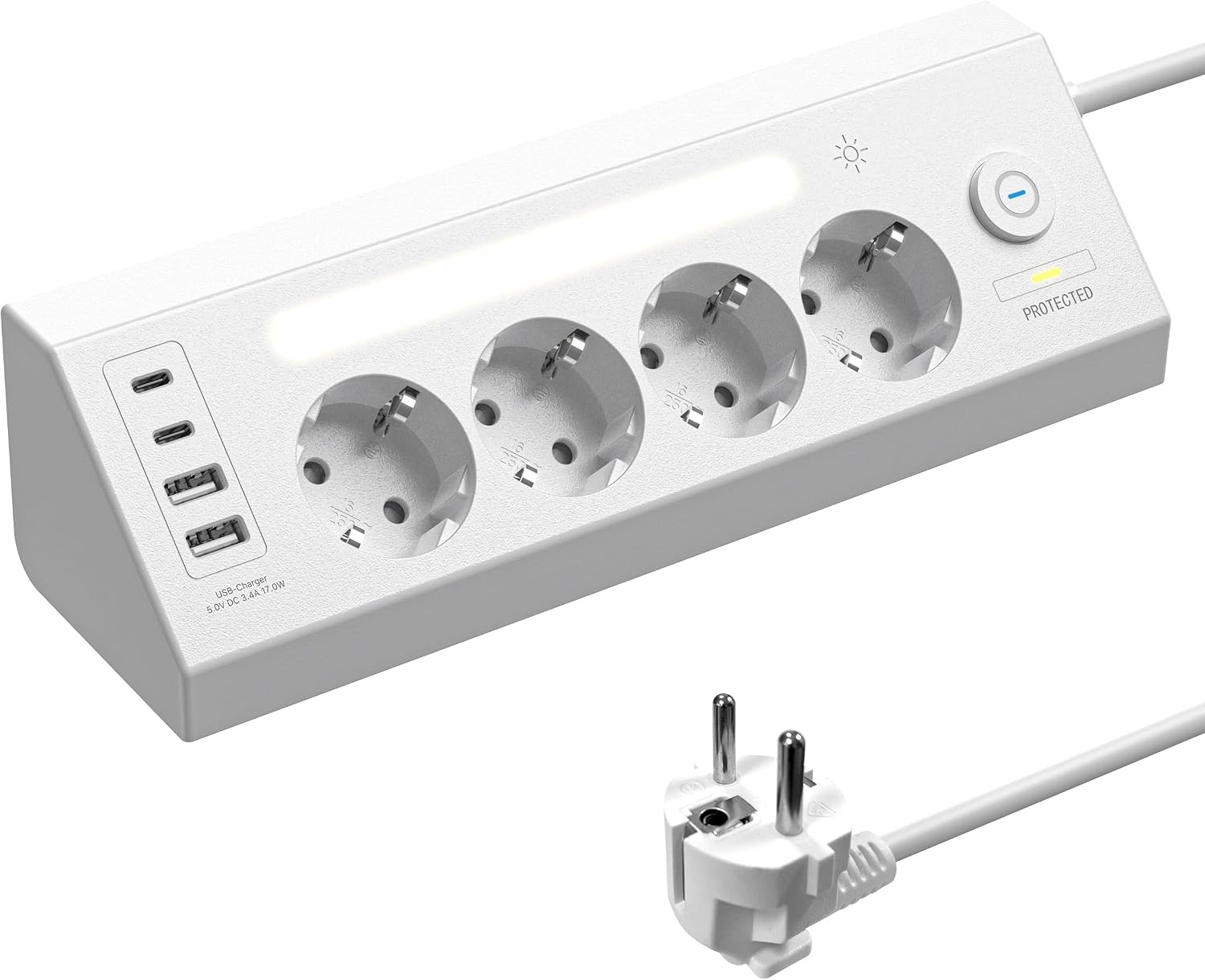 AORIDO Hoekstekkerdoos 4-voudig met USB-A en USB-C - 1,8 meter kabel - Wit