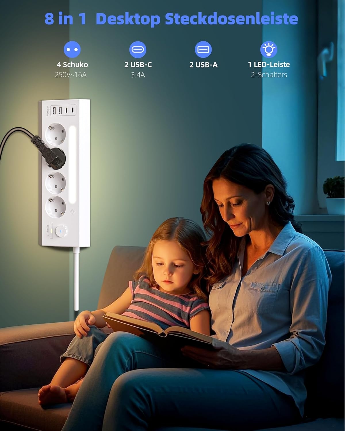 AORIDO Hoekstekkerdoos 4-voudig met USB-A en USB-C - 1,8 meter kabel - Wit