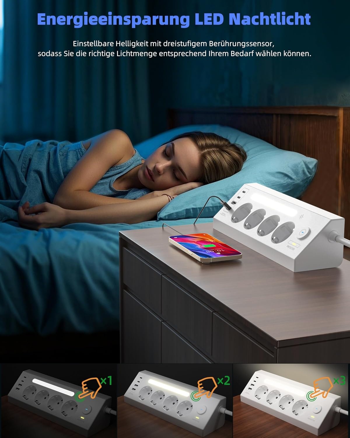 AORIDO Hoekstekkerdoos 4-voudig met USB-A en USB-C - 1,8 meter kabel - Wit
