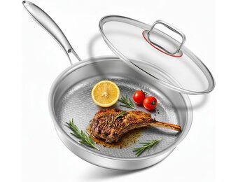 Roestvrijstalen koekenpan, braadpan, ongecoat, 30 cm, 18/10 roestvrij staal, inductiepan met deksel, roestvrij stalen pan, vrij van PTFE en PFOA, ovenveilig, vaatwasmachinebestendig