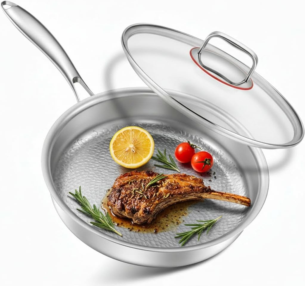 Roestvrijstalen koekenpan, braadpan, ongecoat, 30 cm, 18/10 roestvrij staal, inductiepan met deksel, roestvrij stalen pan, vrij van PTFE en PFOA, ovenveilig, vaatwasmachinebestendig