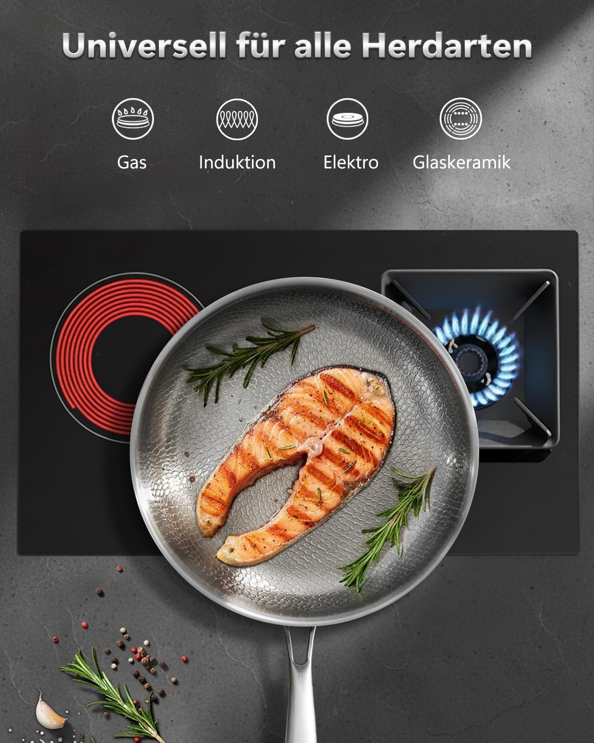 Roestvrijstalen koekenpan, braadpan, ongecoat, 30 cm, 18/10 roestvrij staal, inductiepan met deksel, roestvrij stalen pan, vrij van PTFE en PFOA, ovenveilig, vaatwasmachinebestendig