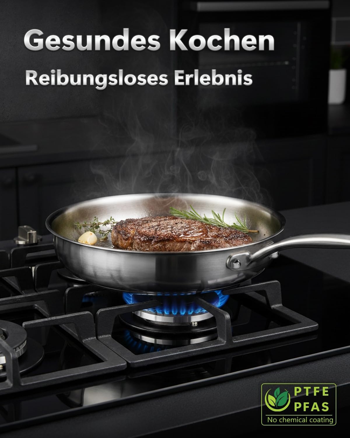 Roestvrijstalen koekenpan, braadpan, ongecoat, 30 cm, 18/10 roestvrij staal, inductiepan met deksel, roestvrij stalen pan, vrij van PTFE en PFOA, ovenveilig, vaatwasmachinebestendig