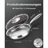 Roestvrijstalen koekenpan, braadpan, ongecoat, 30 cm, 18/10 roestvrij staal, inductiepan met deksel, roestvrij stalen pan, vrij van PTFE en PFOA, ovenveilig, vaatwasmachinebestendig