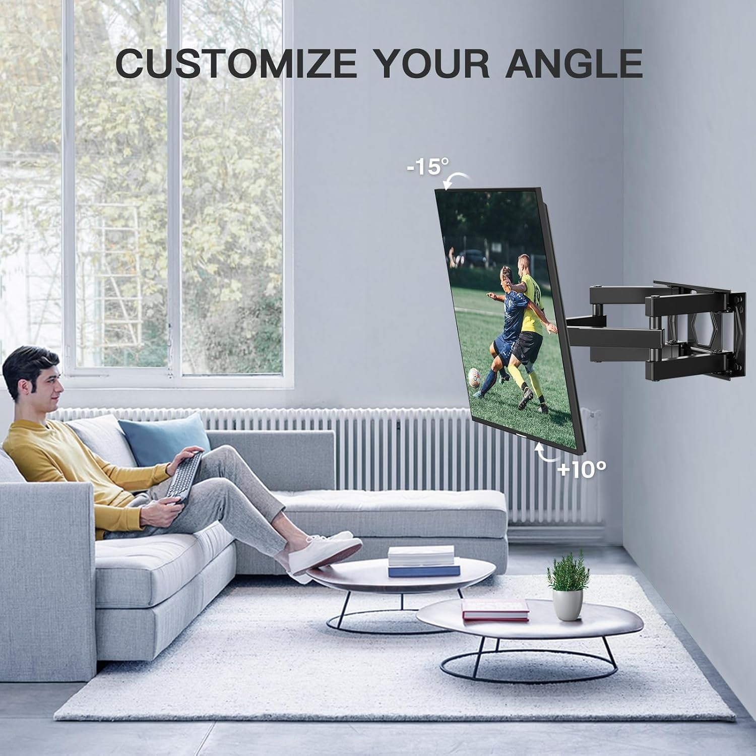 PERLESMITH TV muurbeugel draaibaar, voor platte en gebogen tv's van 26-70 inch tot 45 kg, draai- en kantelbare beugel 55 65 inch, max. VESA 400x400mm