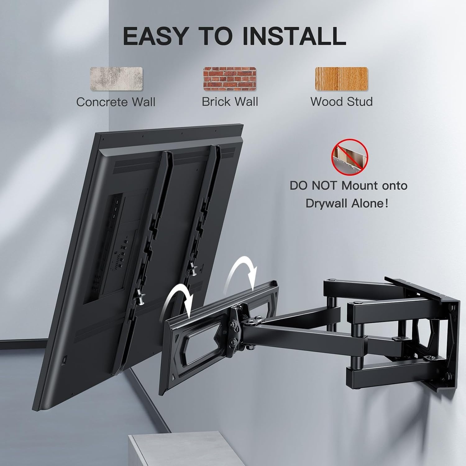 PERLESMITH TV muurbeugel draaibaar, voor platte en gebogen tv's van 26-70 inch tot 45 kg, draai- en kantelbare beugel 55 65 inch, max. VESA 400x400mm
