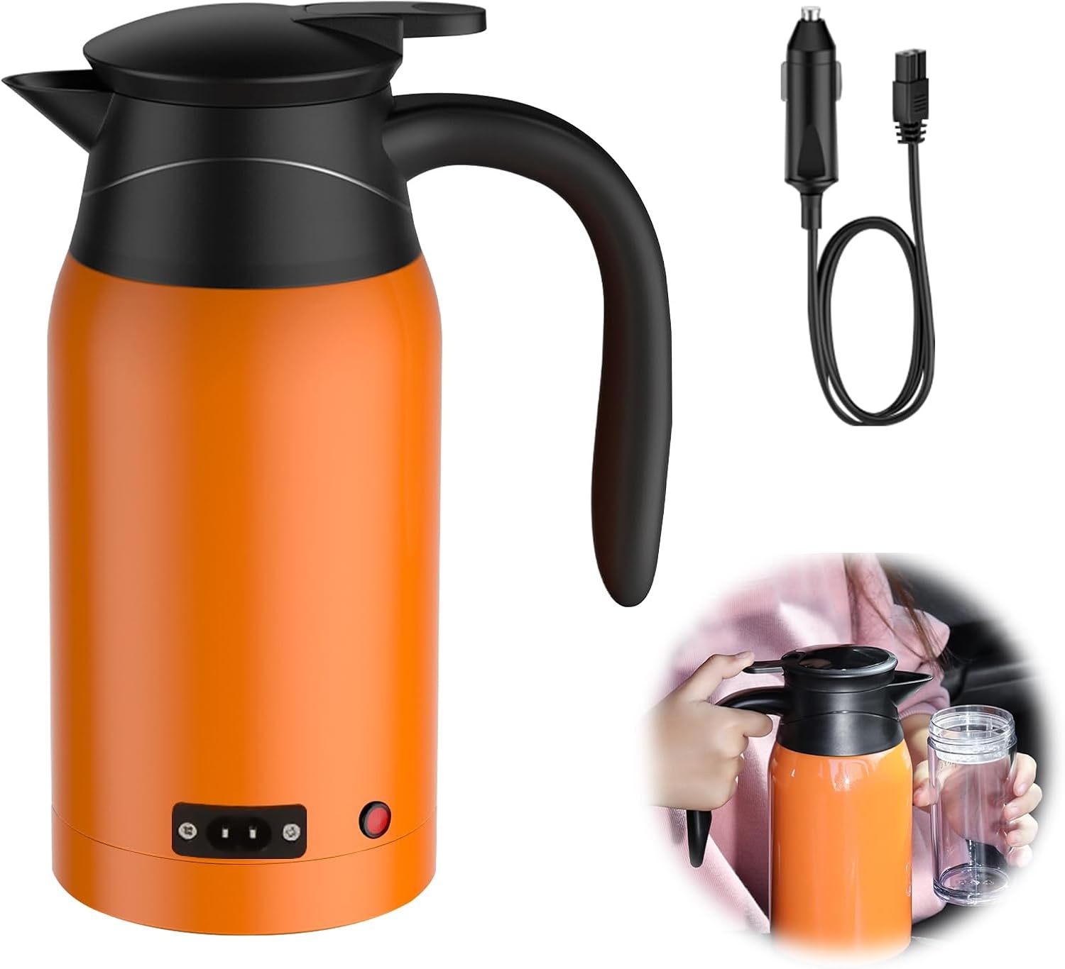 12 V autowaterkoker, 1000 ml reiswaterkoker, draagbare roestvrijstalen auto-waterkoker met temperatuurinstelling, snelkookbare sigarettenaansteker, autoverwarmingskop voor warm water, koffie, reizen