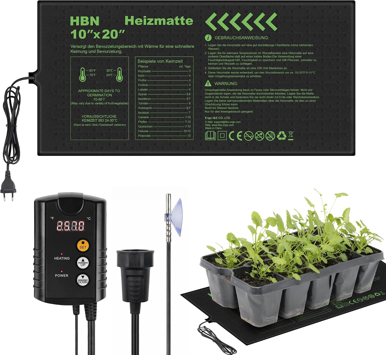 HBN Verwarmingsmat voor planten met thermostaat, 52 x 25 cm, opwarming, kweekwarmer, bed, zaailing, warmtemat, ideaal voor kiemen, zaaigoed, terraria en binnenkassen