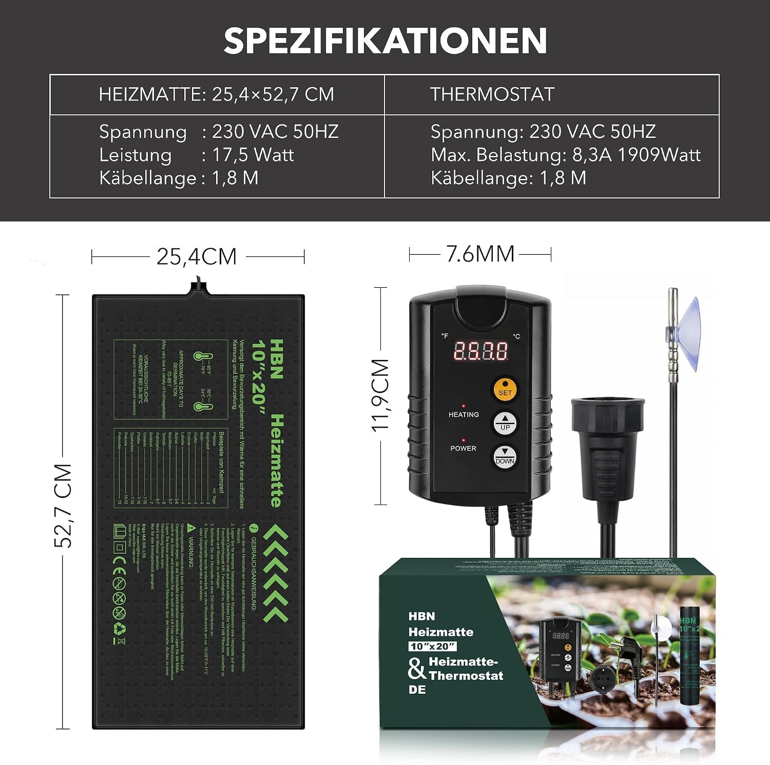 HBN Verwarmingsmat voor planten met thermostaat, 52 x 25 cm, opwarming, kweekwarmer, bed, zaailing, warmtemat, ideaal voor kiemen, zaaigoed, terraria en binnenkassen