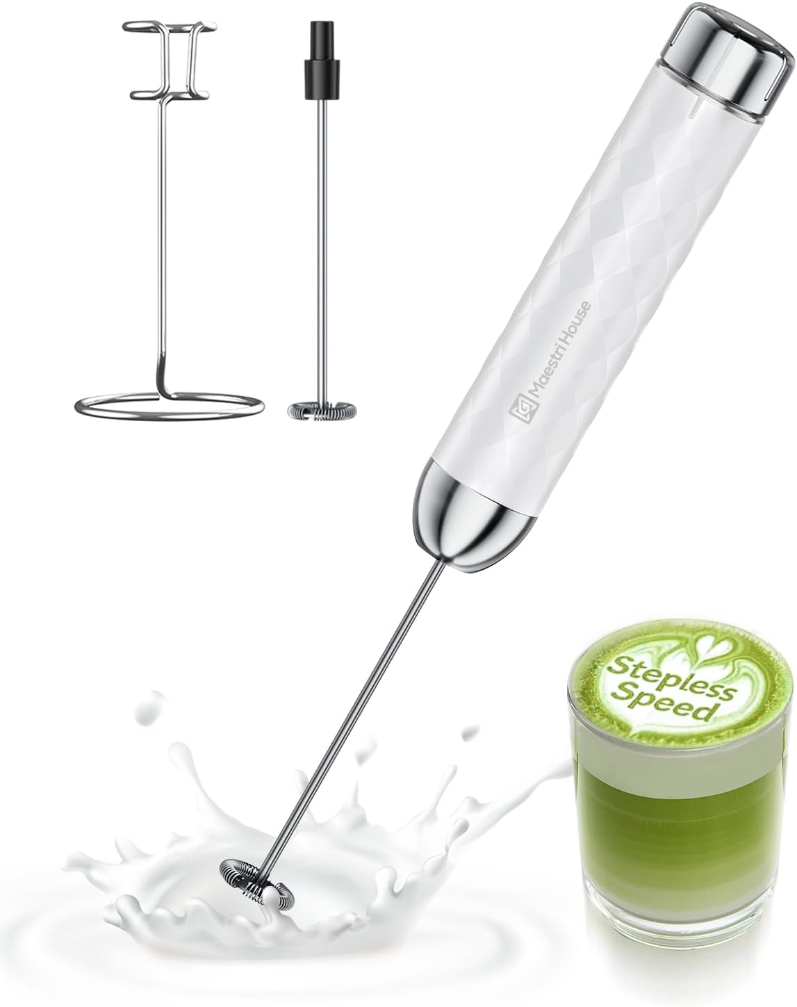 Maestri House Melkopschuimer, Elektrische Garde met Variabele Snelheid, Oplaadbare Blender met RVS Garde en Standaard, Mixer voor Matcha, Latte en Cappuccino