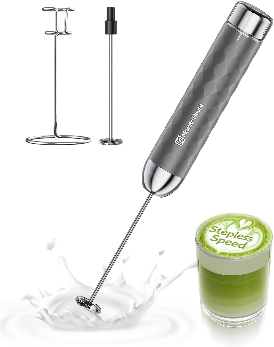 Maestri House Melkopschuimer, Elektrische Garde met Variabele Snelheid, Oplaadbare Blender met RVS Garde en Standaard, Mixer voor Matcha, Latte en Cappuccino