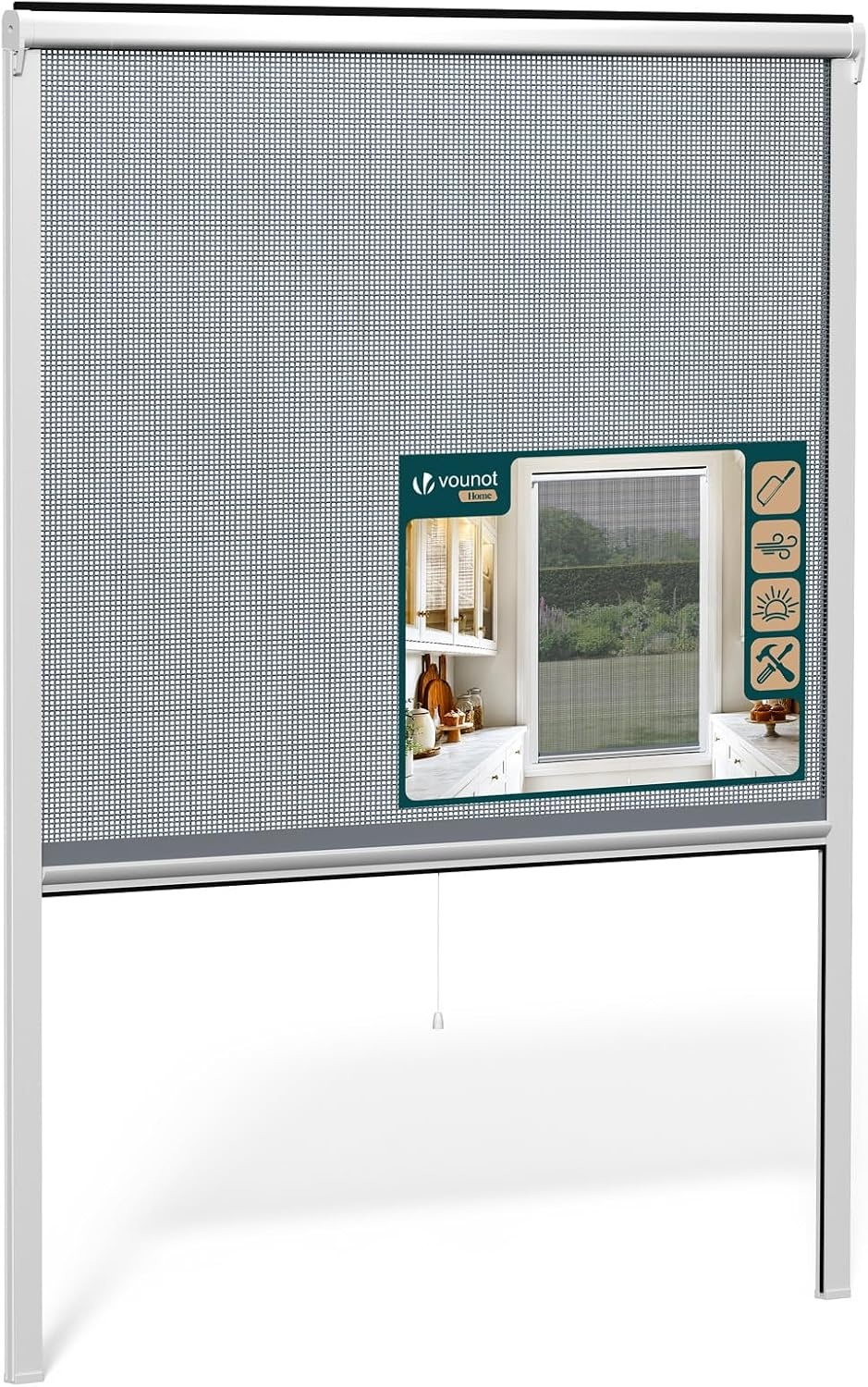 VOUNOT Rolhor voor Ramen - 130 x 160 cm - Wit - Oprolbaar en Op Maat Snijdbaar