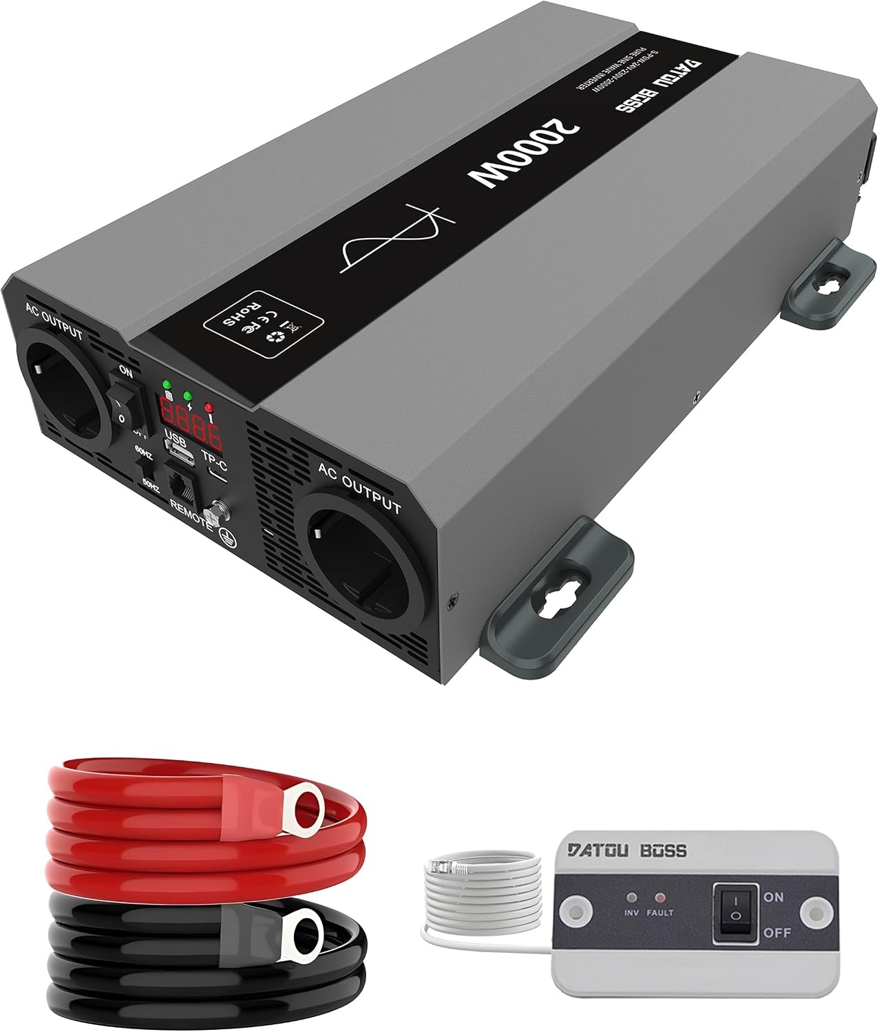 DATOUBOSS Omvormer 24v naar 230v Zuivere Sinus 2000w, Omvormer 24v naar 230v met AC-aansluiting en 3A USB-poort Soor Thuis, Camper, Off-Grid Zonne-energie-omvormer (SAK-24V2000W) - Maat 24V 2000W