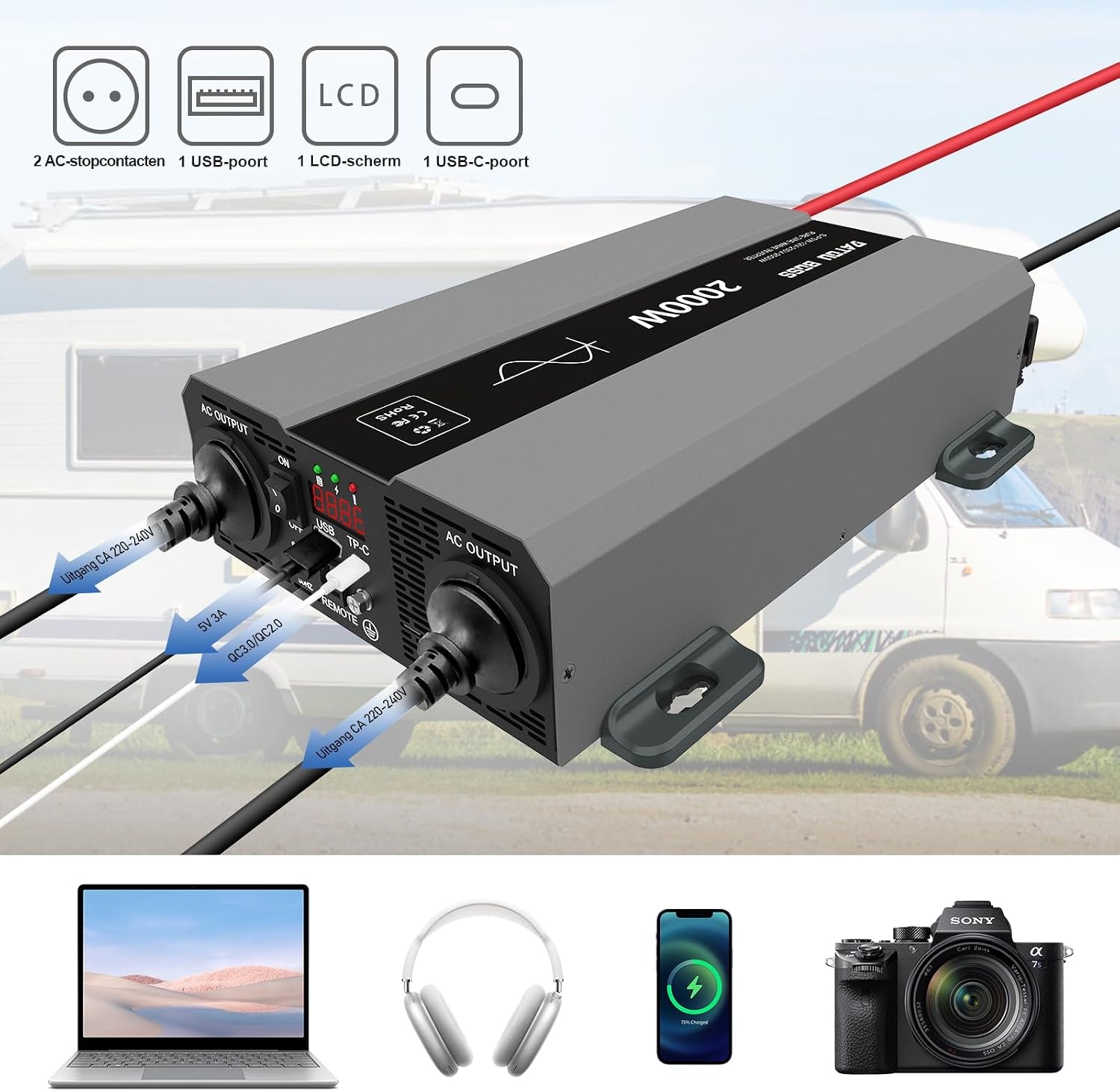 DATOUBOSS Omvormer 24v naar 230v Zuivere Sinus 2000w, Omvormer 24v naar 230v met AC-aansluiting en 3A USB-poort Soor Thuis, Camper, Off-Grid Zonne-energie-omvormer (SAK-24V2000W) - Maat 24V 2000W