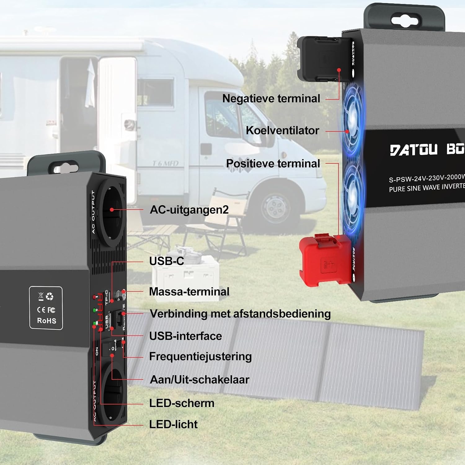 DATOUBOSS Omvormer 24v naar 230v Zuivere Sinus 2000w, Omvormer 24v naar 230v met AC-aansluiting en 3A USB-poort Soor Thuis, Camper, Off-Grid Zonne-energie-omvormer (SAK-24V2000W) - Maat 24V 2000W