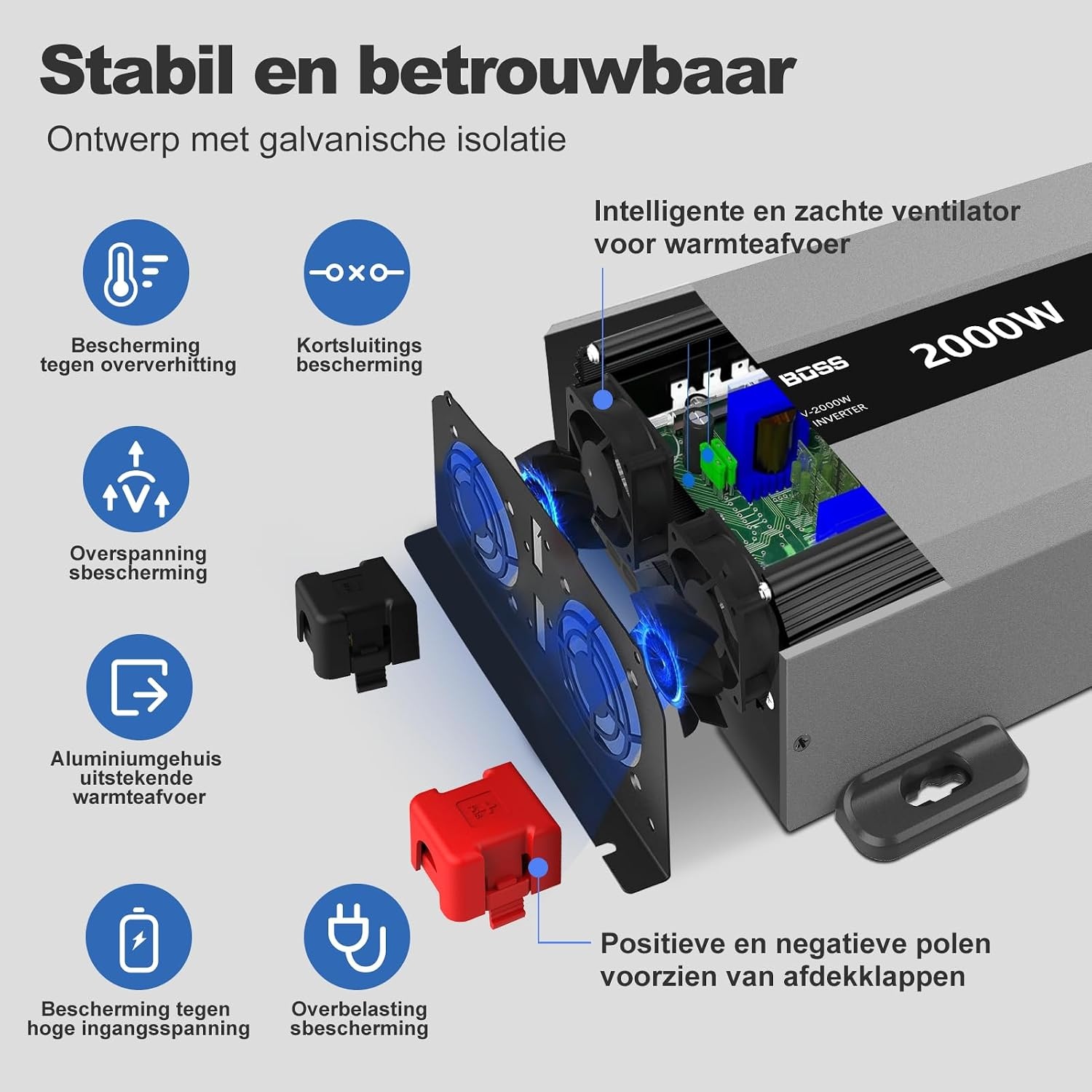 DATOUBOSS Omvormer 24v naar 230v Zuivere Sinus 2000w, Omvormer 24v naar 230v met AC-aansluiting en 3A USB-poort Soor Thuis, Camper, Off-Grid Zonne-energie-omvormer (SAK-24V2000W) - Maat 24V 2000W