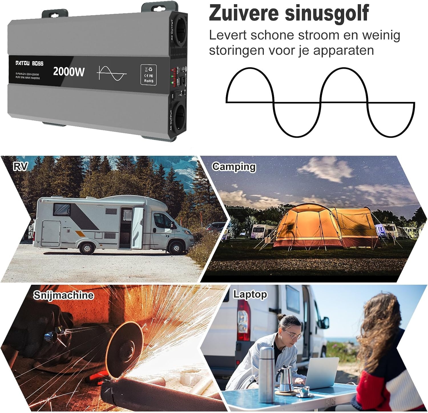 DATOUBOSS Omvormer 24v naar 230v Zuivere Sinus 2000w, Omvormer 24v naar 230v met AC-aansluiting en 3A USB-poort Soor Thuis, Camper, Off-Grid Zonne-energie-omvormer (SAK-24V2000W) - Maat 24V 2000W