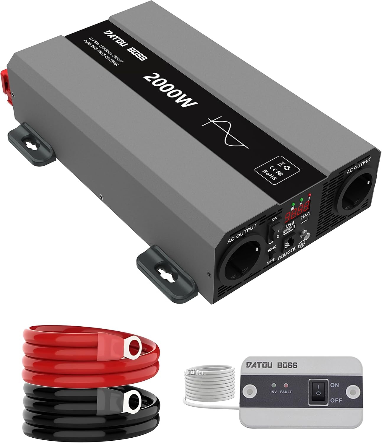 DATOUBOSS Omvormer 24v naar 230v Zuivere Sinus 2000w, Omvormer 24v naar 230v met AC-aansluiting en 3A USB-poort Soor Thuis, Camper, Off-Grid Zonne-energie-omvormer (SAK-24V2000W) - Maat 24V 2000W