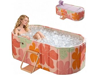 Opvouwbare badkuip voor volwassenen, 2-in-1 ijsbad en warm water, draagbare vrijstaande badkuip met deksel, ideaal voor thuis-SPA, buiten en binnen, montagevrij (120 x 56 x 50 cm, roze)