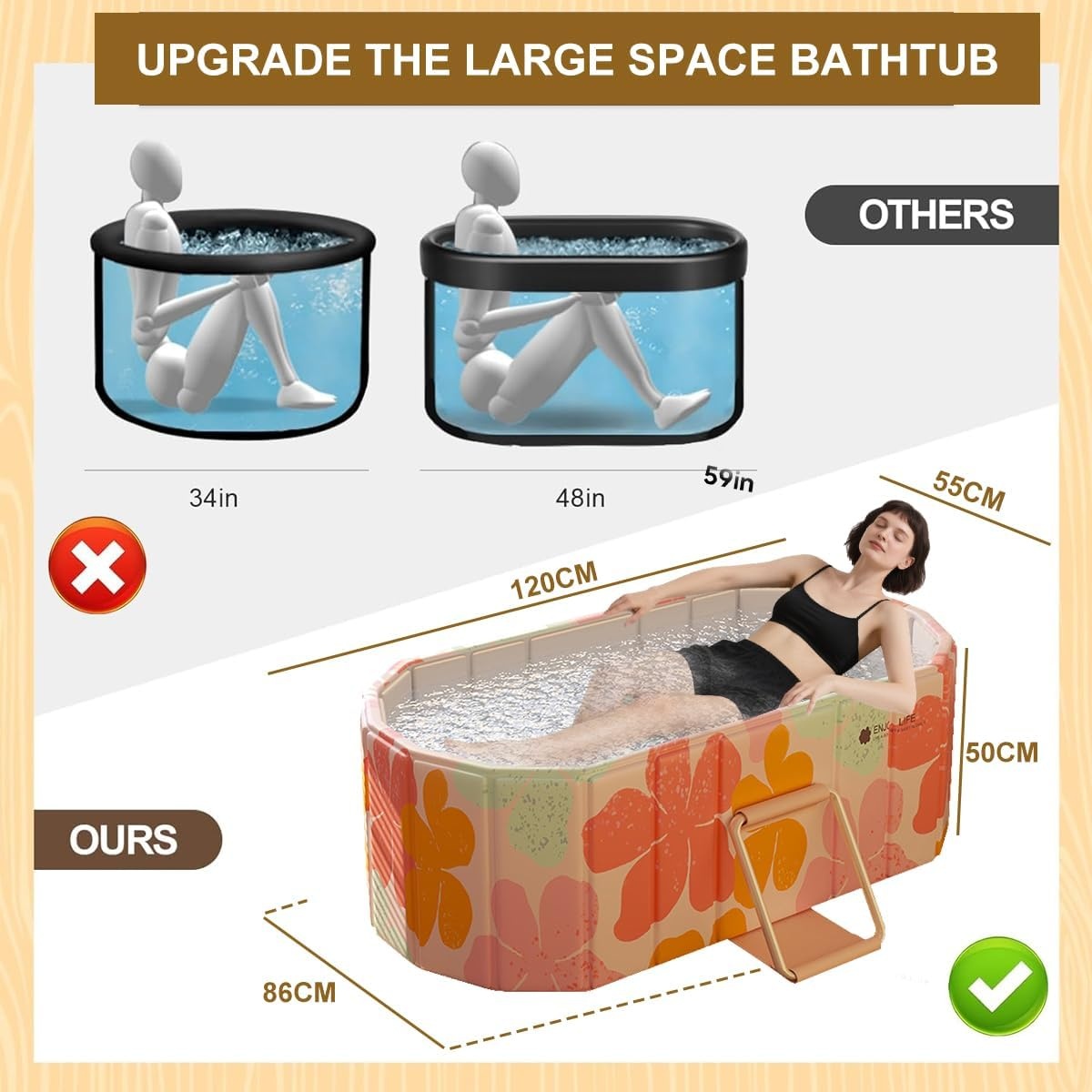 Opvouwbare badkuip voor volwassenen, 2-in-1 ijsbad en warm water, draagbare vrijstaande badkuip met deksel, ideaal voor thuis-SPA, buiten en binnen, montagevrij (120 x 56 x 50 cm, roze)