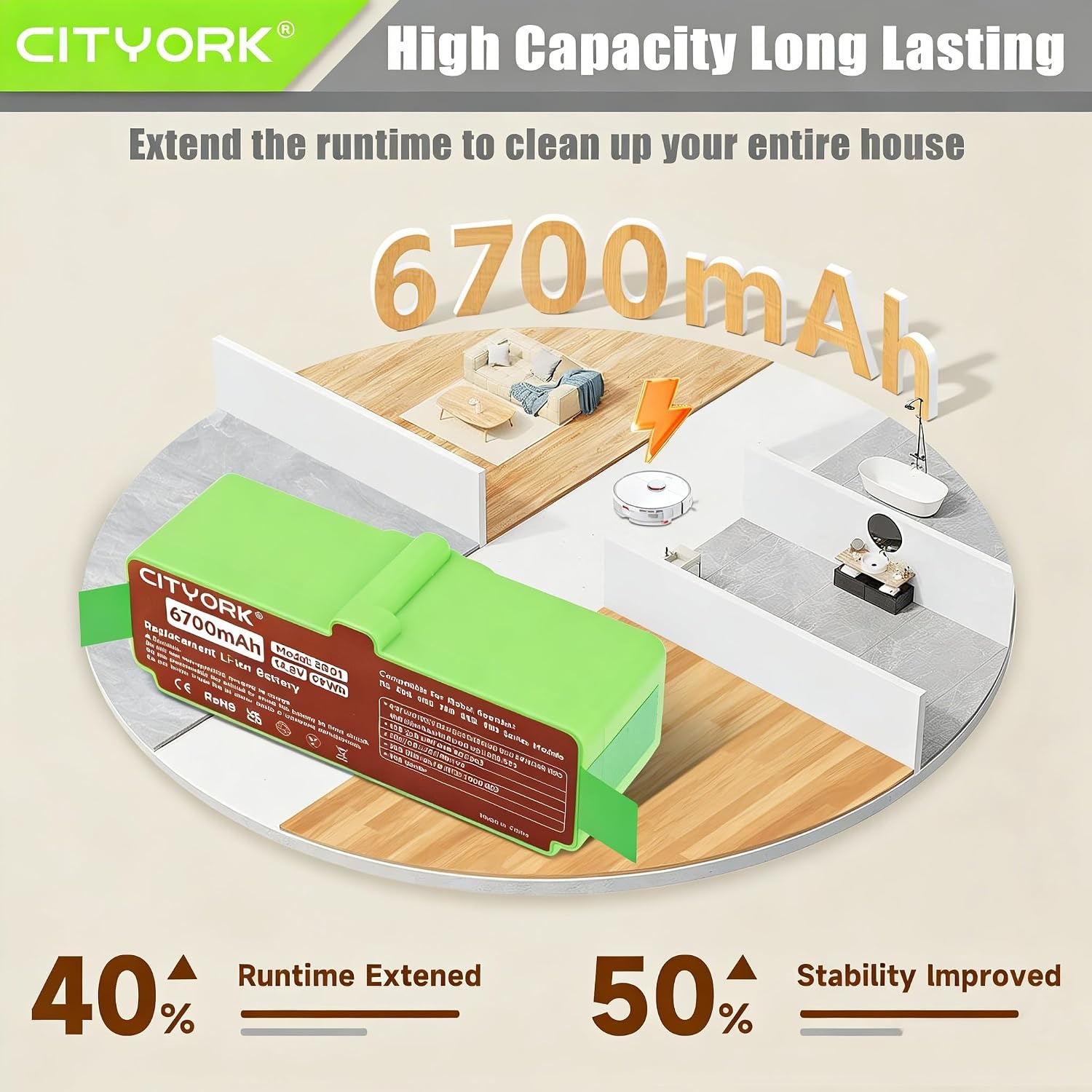 CITYORK 6700mAh Li-ion vervangende batterij voor iRobot Roomba 980 981 960 966 965 900, 880 896 895 890 891 800, 690 695 680 676 675 650 630 630 615 606, 780 760 761 776, 560 555 521 500 iRobot