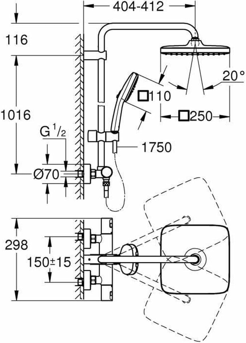 GROHE Vitalio 250, douchesysteem waterbesparend 8l per minuut (regendouche