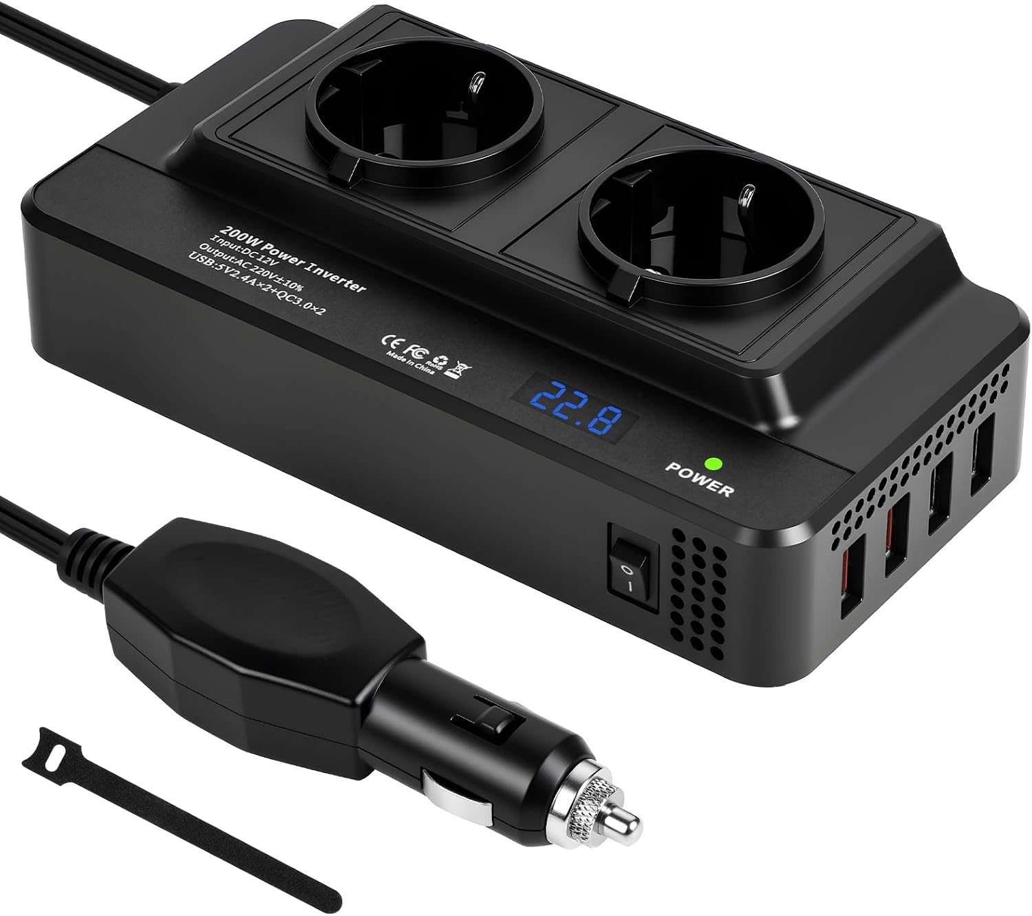 URAQT Auto-omvormer DC 12V naar AC 230V 200W, met 2 stopcontacten en 4 USB-poorten - USB 3.0 en USB 2.0, Snelladende Autolader met Sigarettenaanstekerplug Stroomomvormer voor op reis Universele
