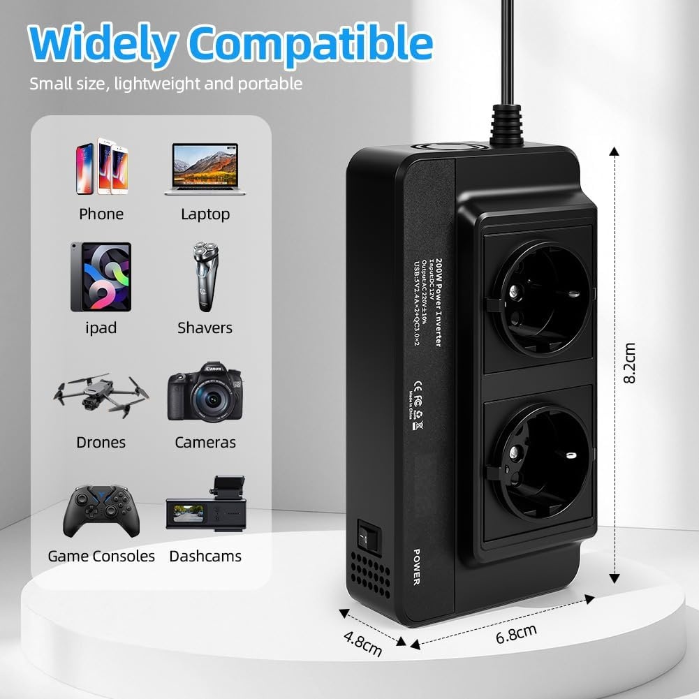 URAQT Auto-omvormer DC 12V naar AC 230V 200W, met 2 stopcontacten en 4 USB-poorten - USB 3.0 en USB 2.0, Snelladende Autolader met Sigarettenaanstekerplug Stroomomvormer voor op reis Universele