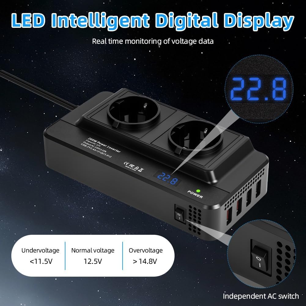 URAQT Auto-omvormer DC 12V naar AC 230V 200W, met 2 stopcontacten en 4 USB-poorten - USB 3.0 en USB 2.0, Snelladende Autolader met Sigarettenaanstekerplug Stroomomvormer voor op reis Universele