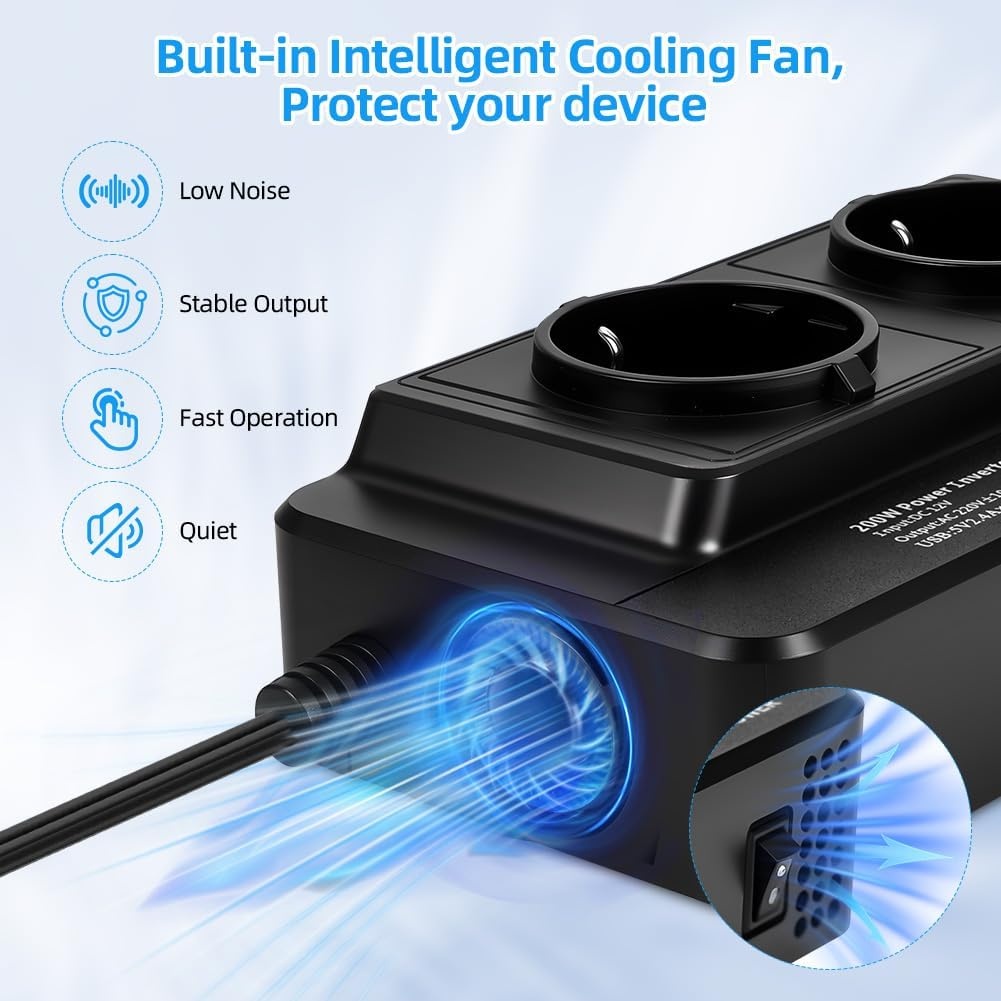 URAQT Auto-omvormer DC 12V naar AC 230V 200W, met 2 stopcontacten en 4 USB-poorten - USB 3.0 en USB 2.0, Snelladende Autolader met Sigarettenaanstekerplug Stroomomvormer voor op reis Universele