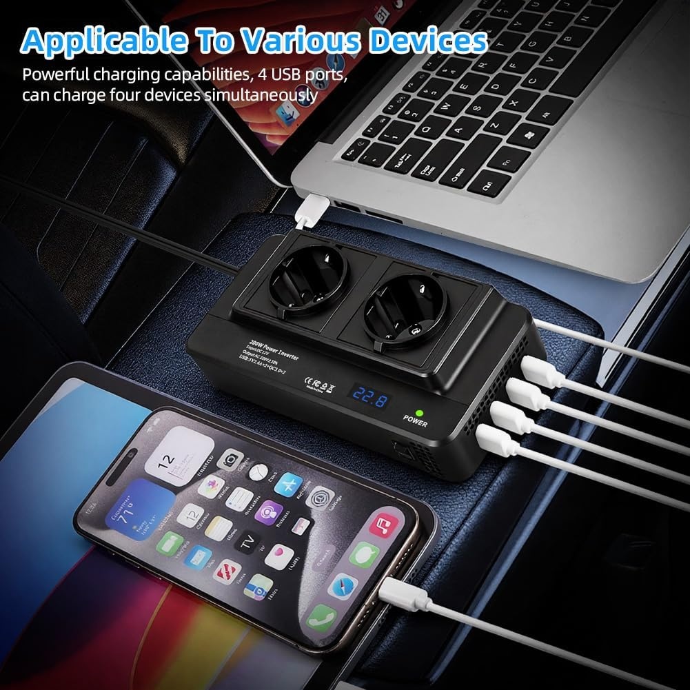 URAQT Auto-omvormer DC 12V naar AC 230V 200W, met 2 stopcontacten en 4 USB-poorten - USB 3.0 en USB 2.0, Snelladende Autolader met Sigarettenaanstekerplug Stroomomvormer voor op reis Universele