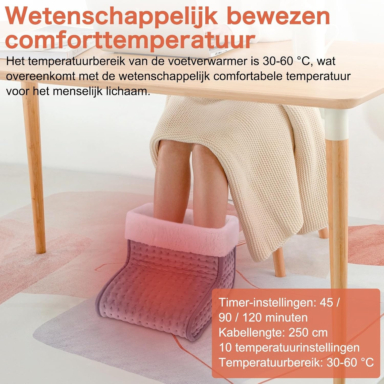 Biutee Elektrische voetenwarmer, behaaglijke warmte voor koude voeten, 10 temperatuurniveaus, 3 timers, snelle opwarming 30-60 °C, elektrische deken voor slaapkamer en kantoor, wasbare binnenvoering