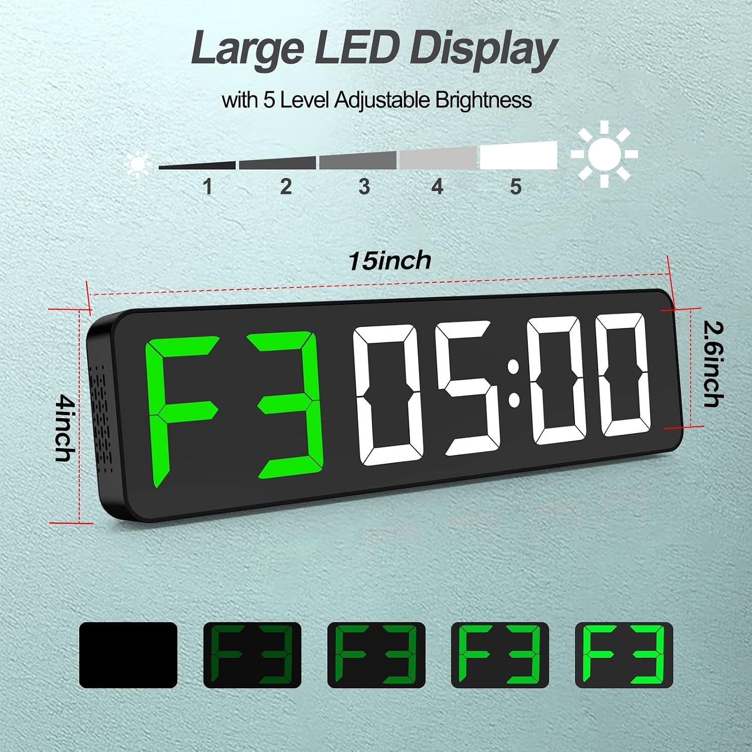 Gym Timer 15" Grote LED Display Wandklok|Interval Workout|Countdown|Stopwatch|12 Verstelbaar volume|3 Installatie Opties|Digitale Timer voor Fitness Home Garage Gym en buitensporten