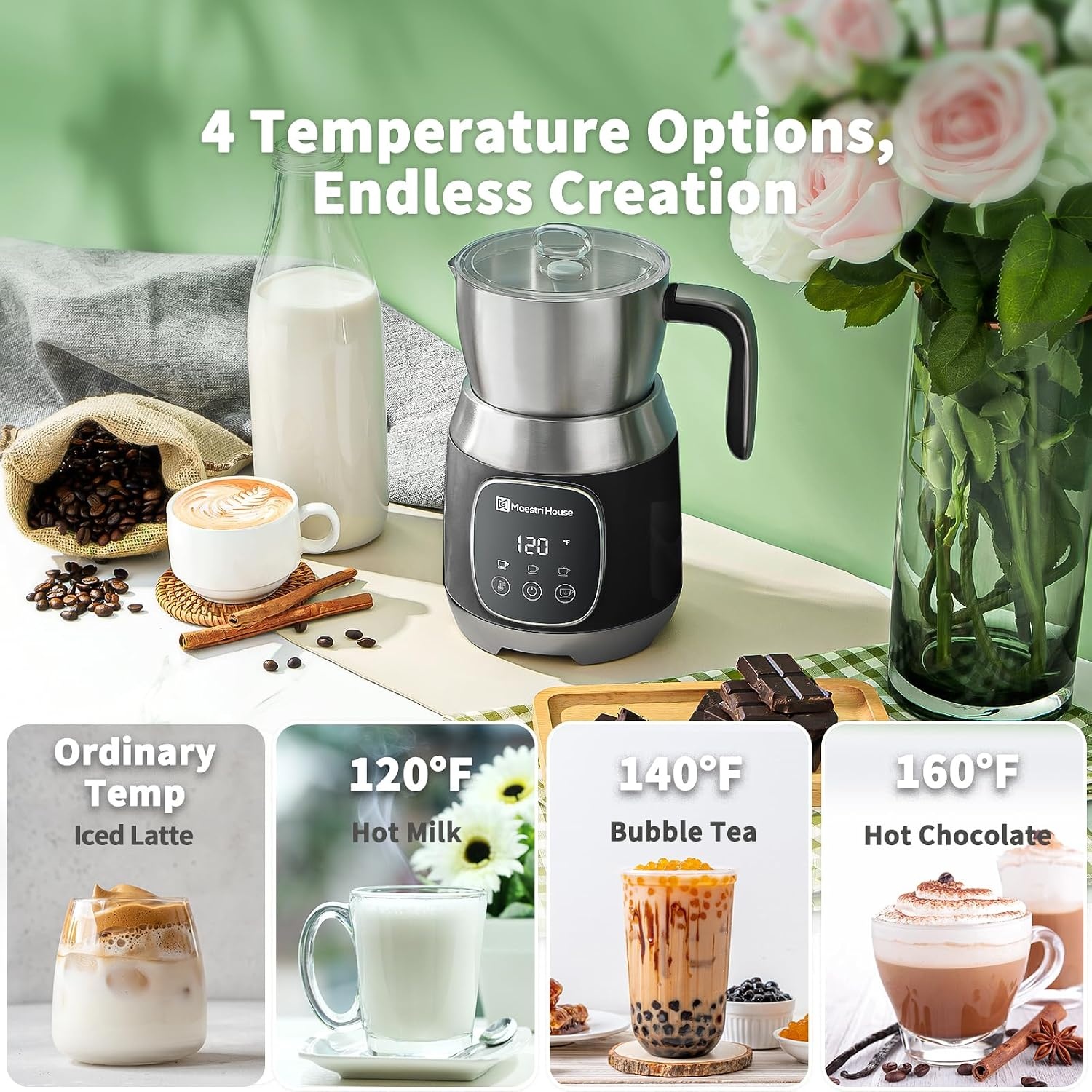 Maestri House Melkopschuimer, 600 ml Elektrische Melkopschuimer met Variabele Temperatuur en Schuimsterkte, Smart Touch Control, voor Latte Cappuccino, Warme Chocolademelk & Melk
