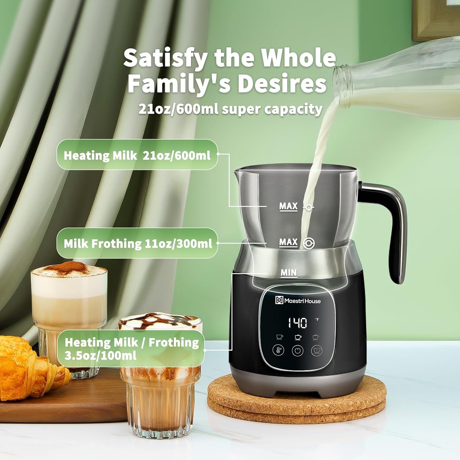 Maestri House Melkopschuimer, 600 ml Elektrische Melkopschuimer met Variabele Temperatuur en Schuimsterkte, Smart Touch Control, voor Latte Cappuccino, Warme Chocolademelk & Melk