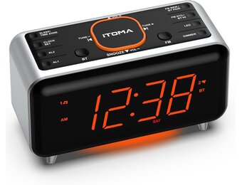 iTOMA CKS208 Radiowekker met app-bediening, bluetooth, FM-radio, dubbel alarm van 4-alarmmodi, Easy Snooze, dimmer, oranje nachtlampje, 12/24 uur via USB-oplaadpoort