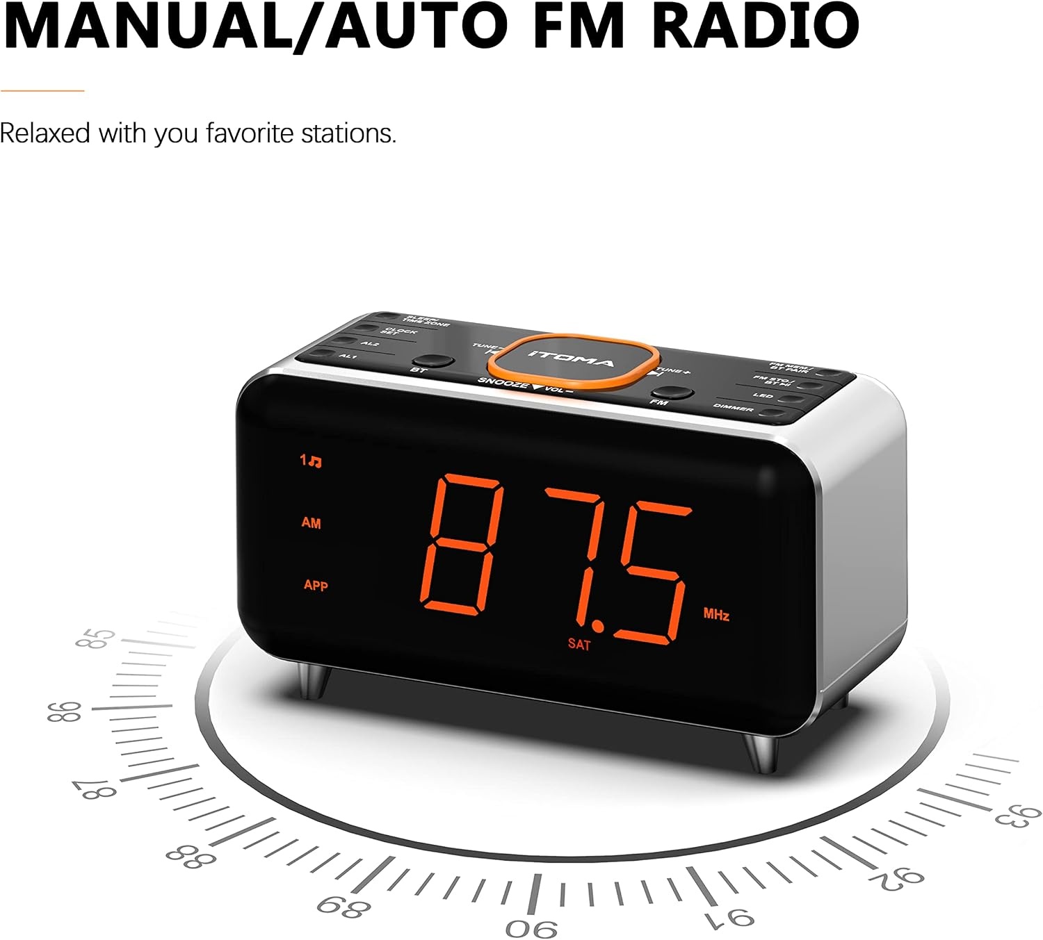 iTOMA CKS208 Radiowekker met app-bediening, bluetooth, FM-radio, dubbel alarm van 4-alarmmodi, Easy Snooze, dimmer, oranje nachtlampje, 12/24 uur via USB-oplaadpoort