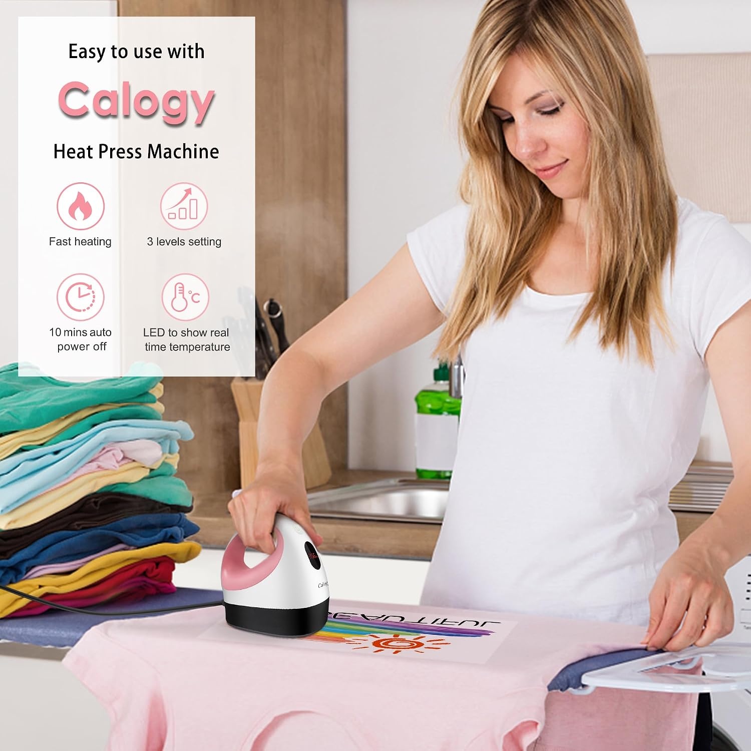 Calogy Mini Heat Press, Heat Transfer Machine, Led Klein En Draagbaar Strijkijzer, Temp Control, Geïsoleerde Veiligheidsbasis, Past Voor Ambachten, T-Shirt, Hoed, Cap, Kussens